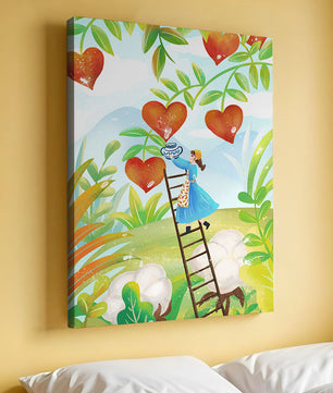 Mujer recolectando frutas en forma de corazón en el vibrante campo