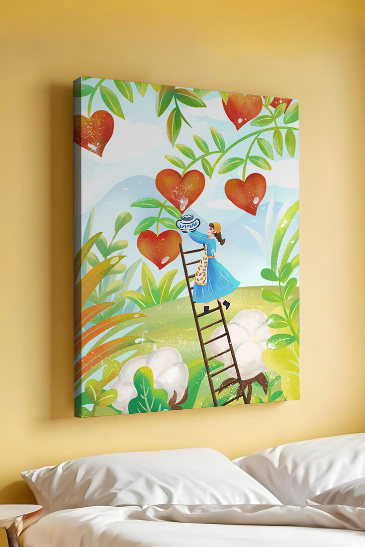 Mujer recolectando frutas en forma de corazón en el vibrante campo