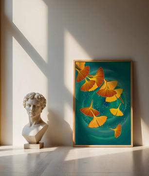Blätter des Ginkgo-Stylings auf einem türkisfarbenen Hintergrund schweben