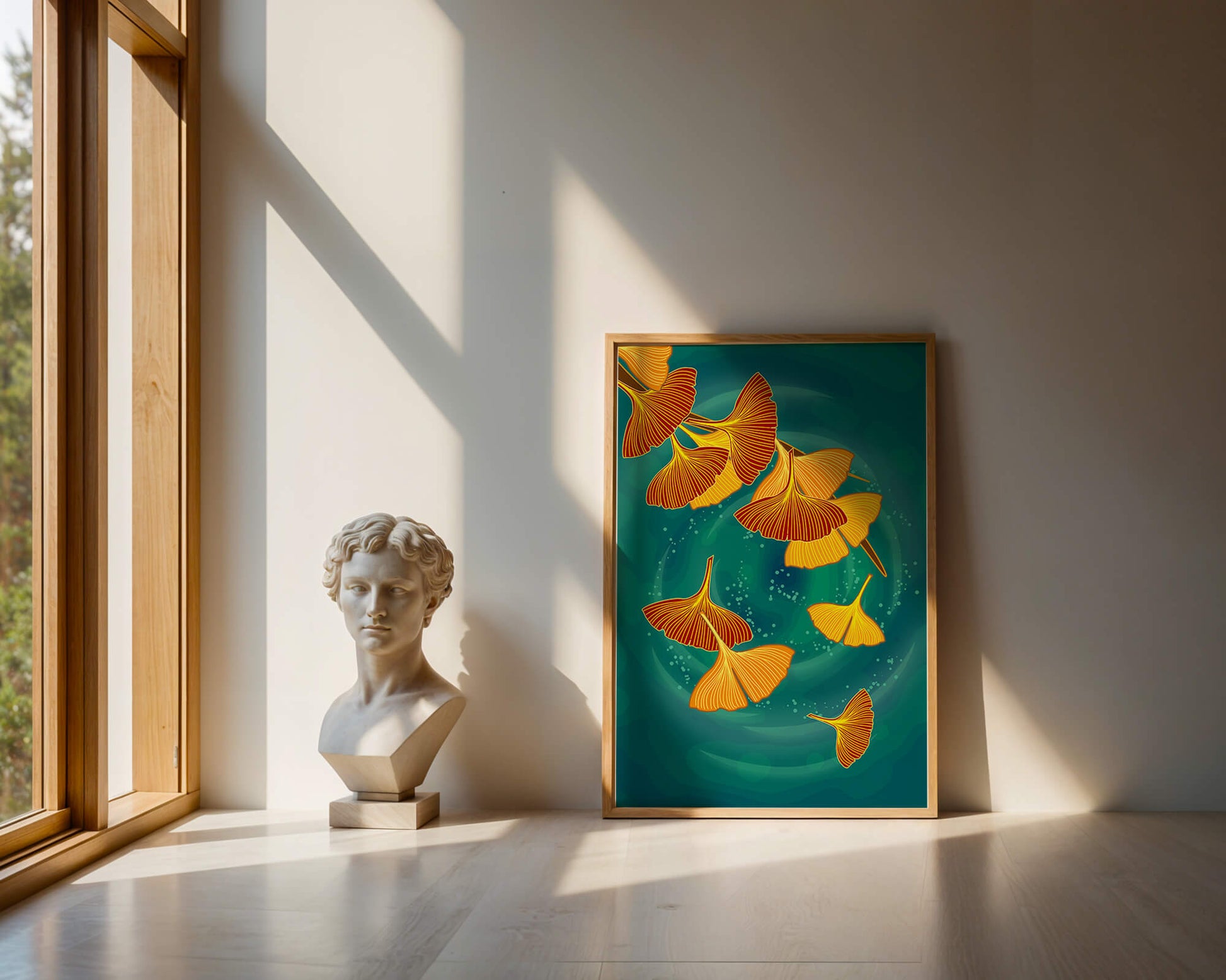 Stylized Ginkgo Leaves Floating on a Turquoise Background