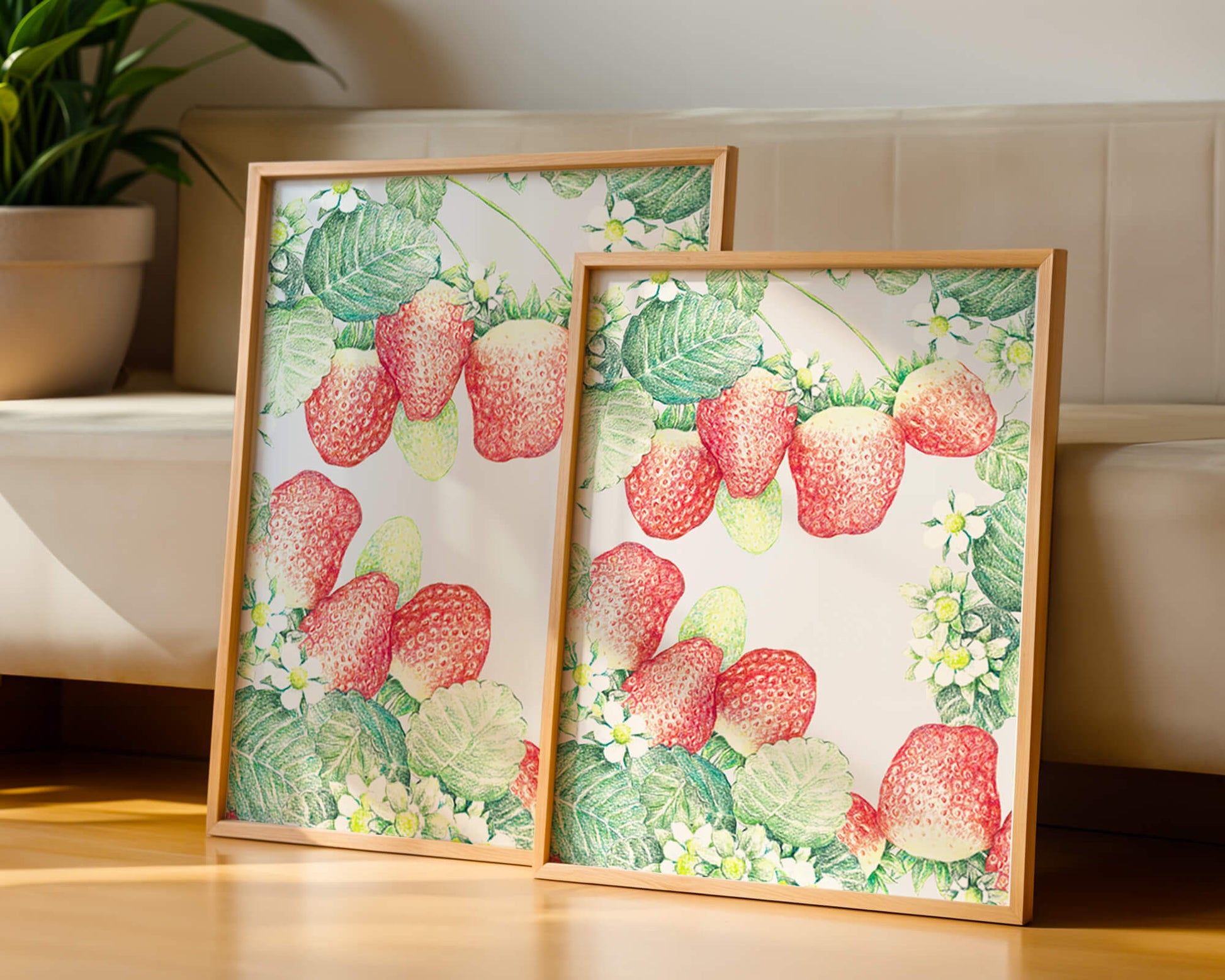 Illustration of strawberries and flowers with lush green leaves