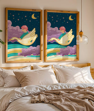 Child flying on a goose through a magical night sky illustration