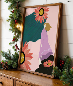 Stylized illustration of woman with vibrant floral elements