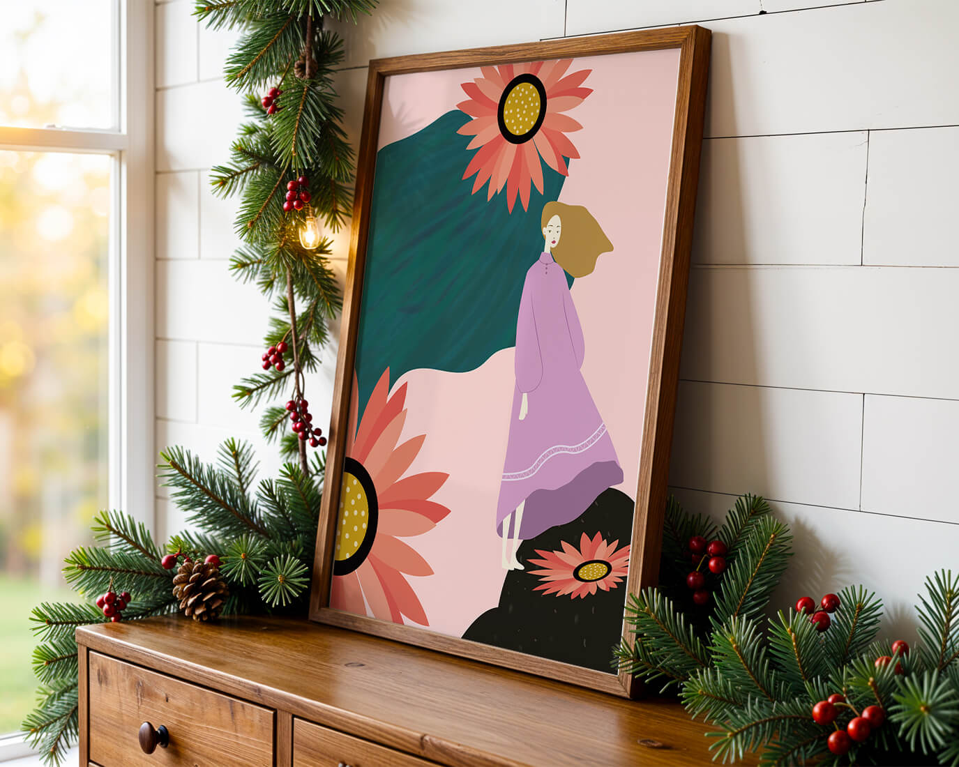Stylized illustration of woman with vibrant floral elements