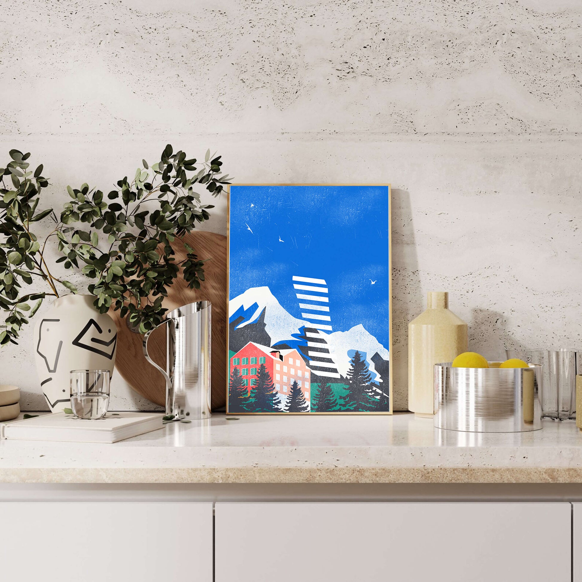 Mountain Resort in a Vibrant Landscape with Blue Sky and Birds