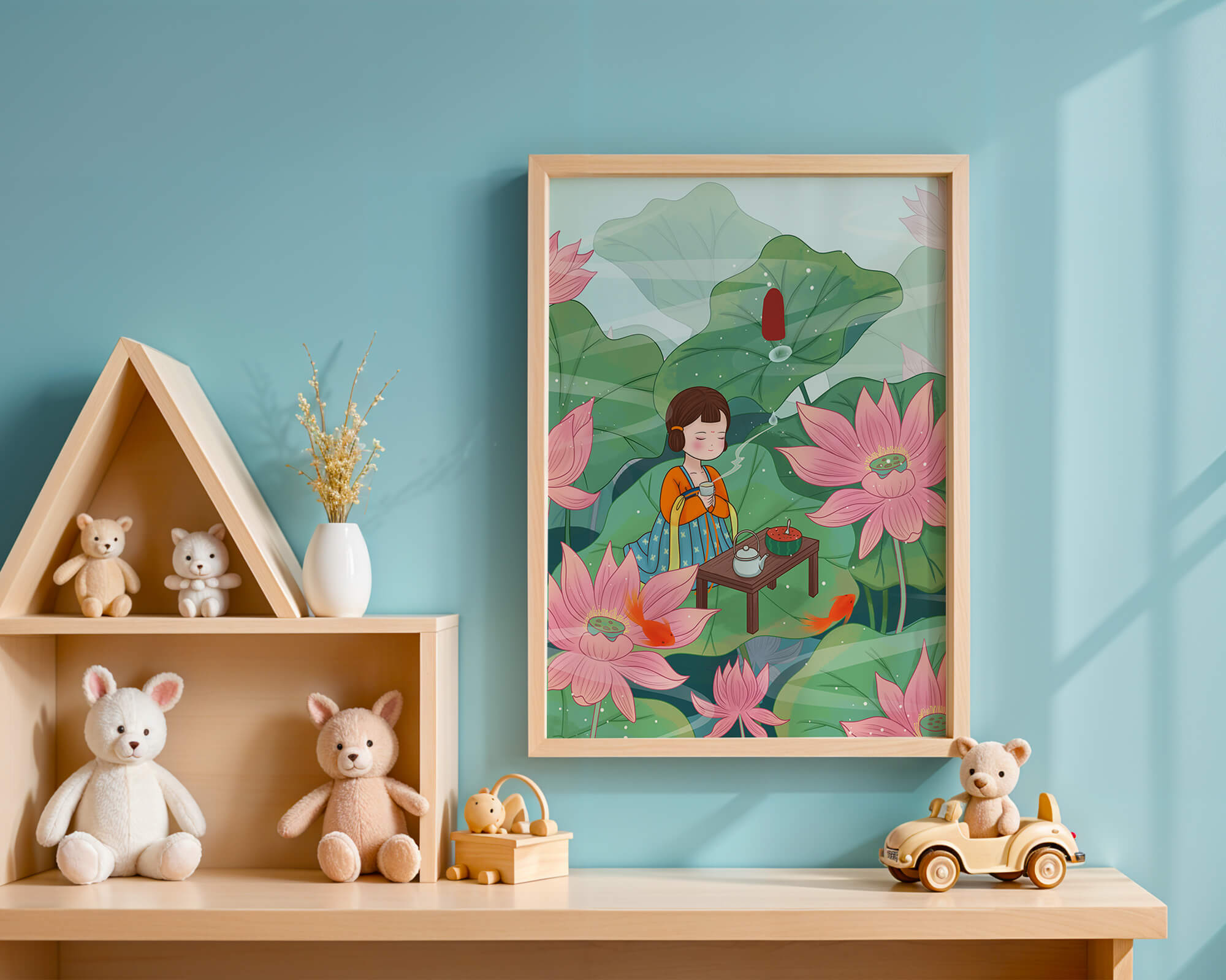 Serene illustration of a girl enjoying tea among lotus flowers