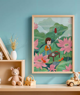 Serene illustration of a girl enjoying tea among lotus flowers
