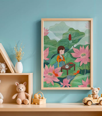 Serene illustration of a girl enjoying tea among lotus flowers