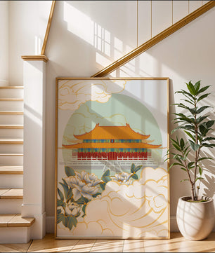 Traditional Asian palace illustration with floral and cloud motifs