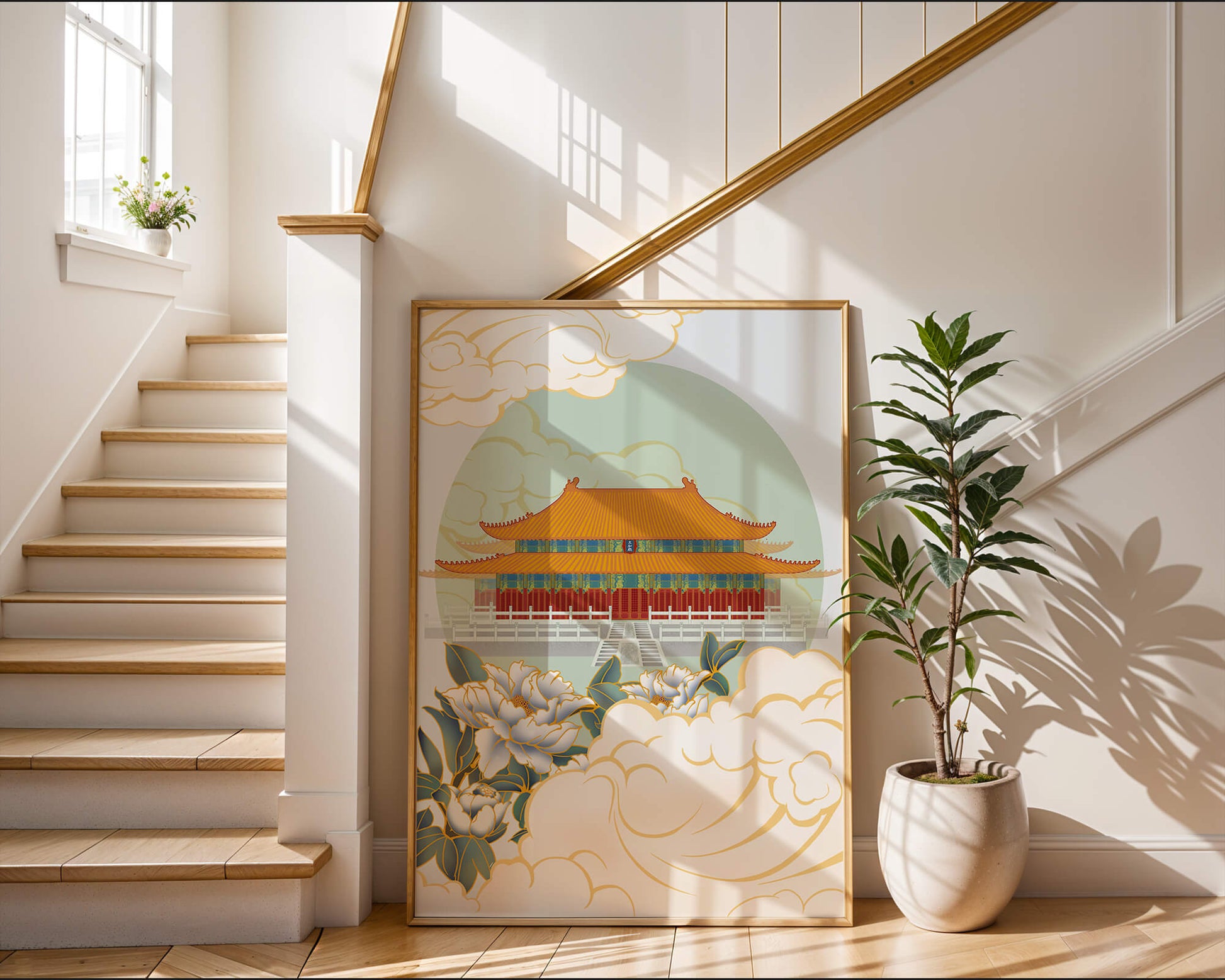 Traditional Asian palace illustration with floral and cloud motifs
