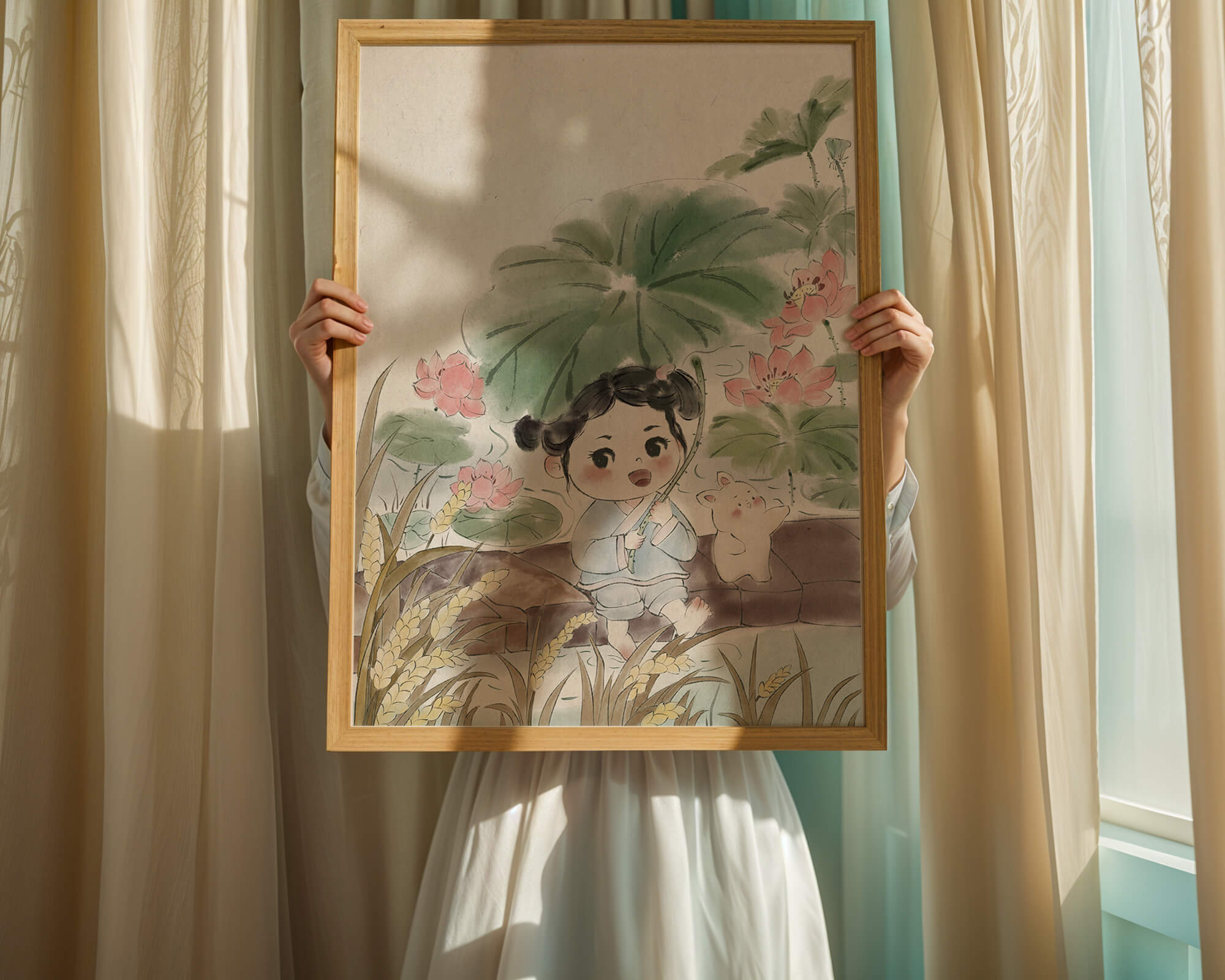 Charming illustration of a child with flowers and a bunny by the water