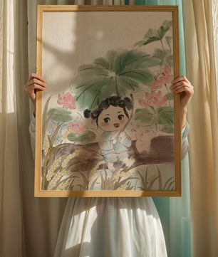 Charming illustration of a child with flowers and a bunny by the water