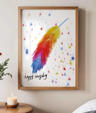 Colorful feather with inspirational message on abstract paint splatter background
