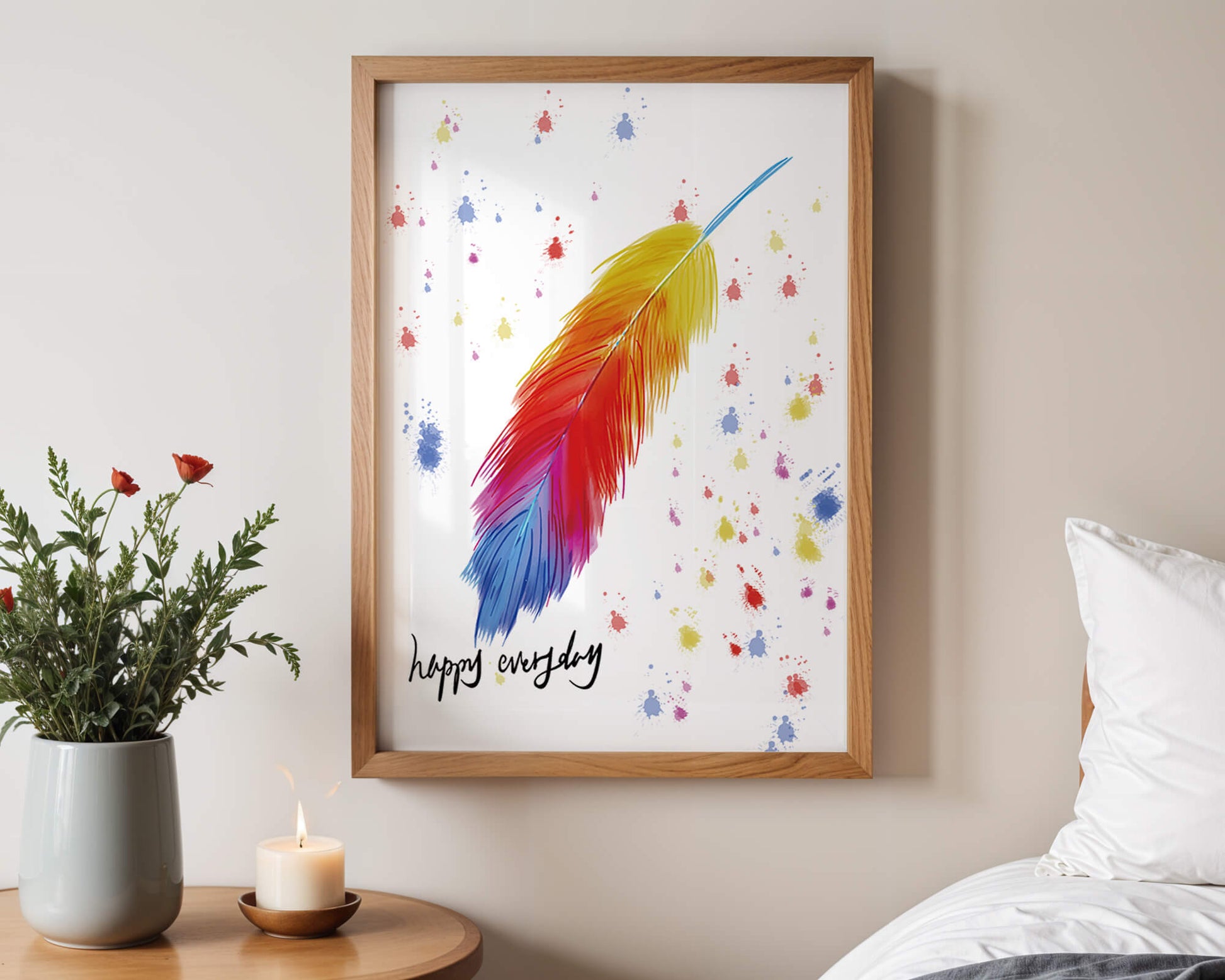 Colorful feather with inspirational message on abstract paint splatter background