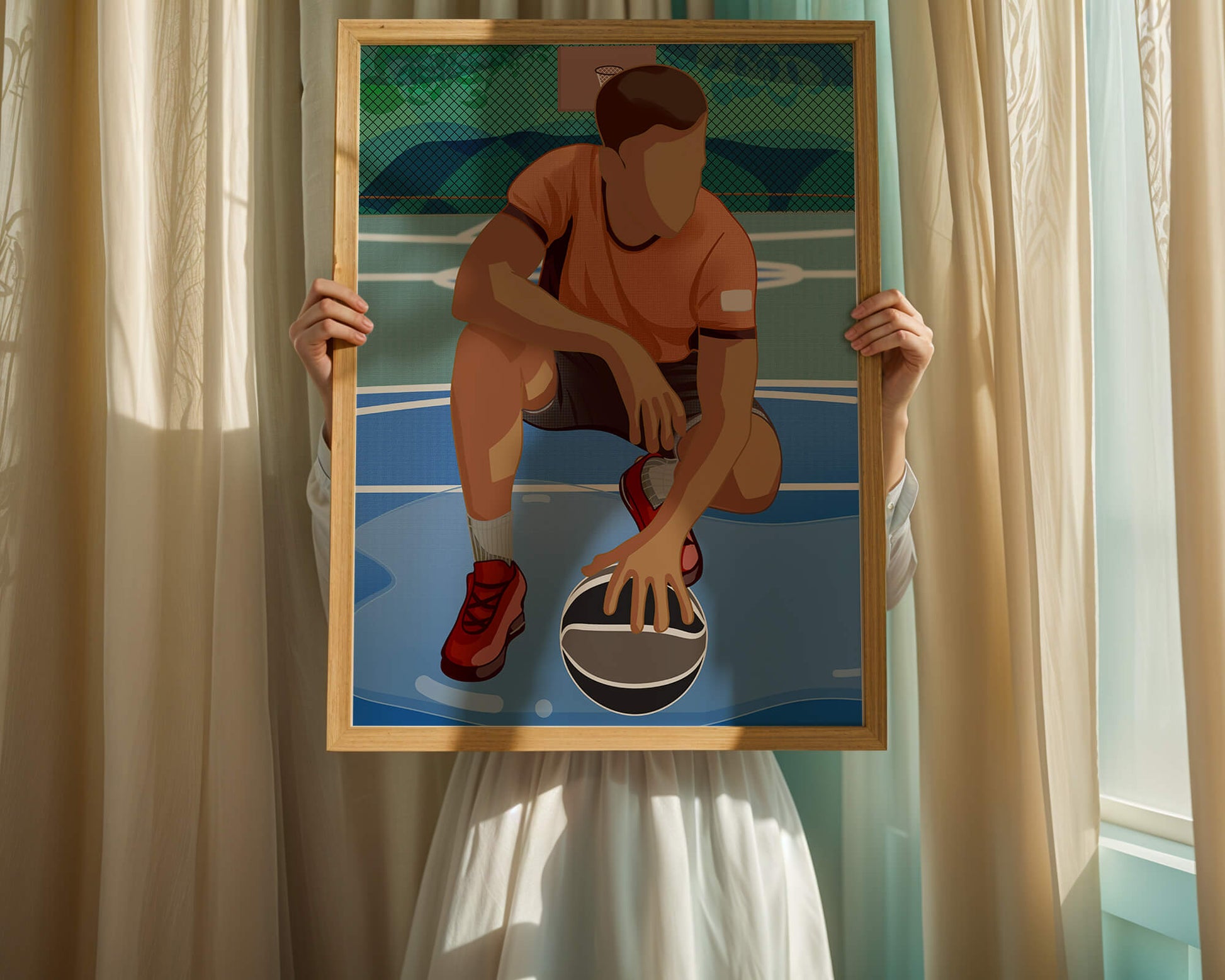Illustration of a basketball player on a court in a dynamic pose