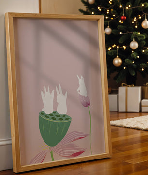 Whimsical Rabbits on Lotus with Pink Background