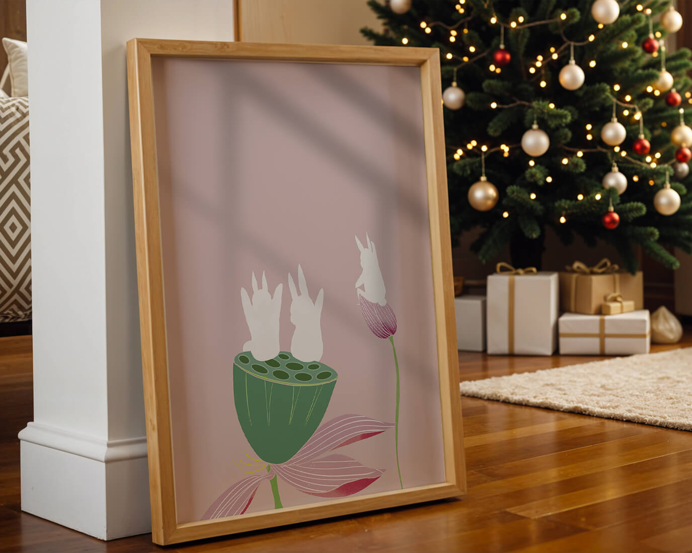 Whimsical Rabbits on Lotus with Pink Background