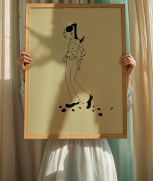 Illustration d'une personne marchant en chemise à pois avec une queue de cheval