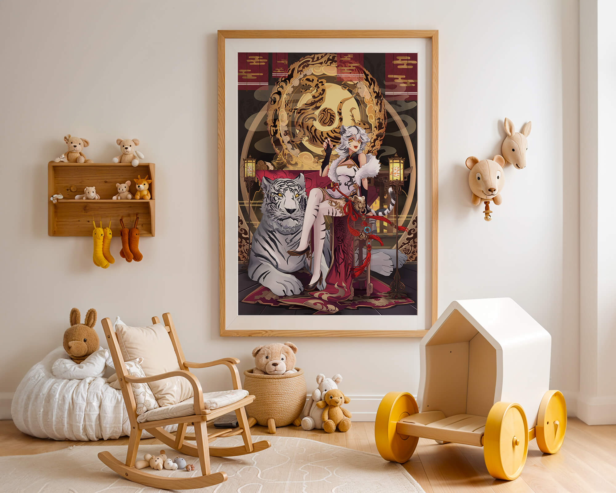 Elegant fantasy character with mystical tiger and ornate decor