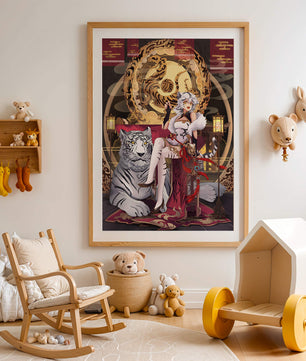 Elegant fantasy character with mystical tiger and ornate decor