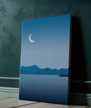 Paisaje Nocturno Sereno con Luna Creciente y Faro