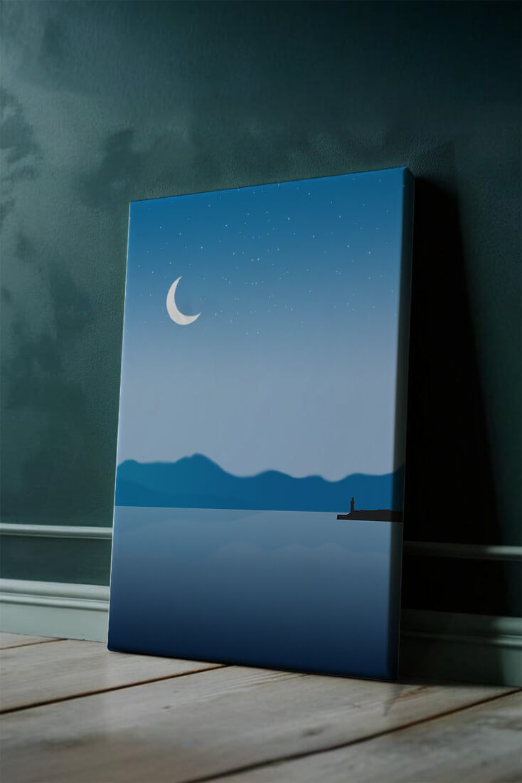 Serene Night Landscape with Crescent Moon and Lighthouse