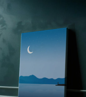 Serene Night Landscape with Crescent Moon and Lighthouse