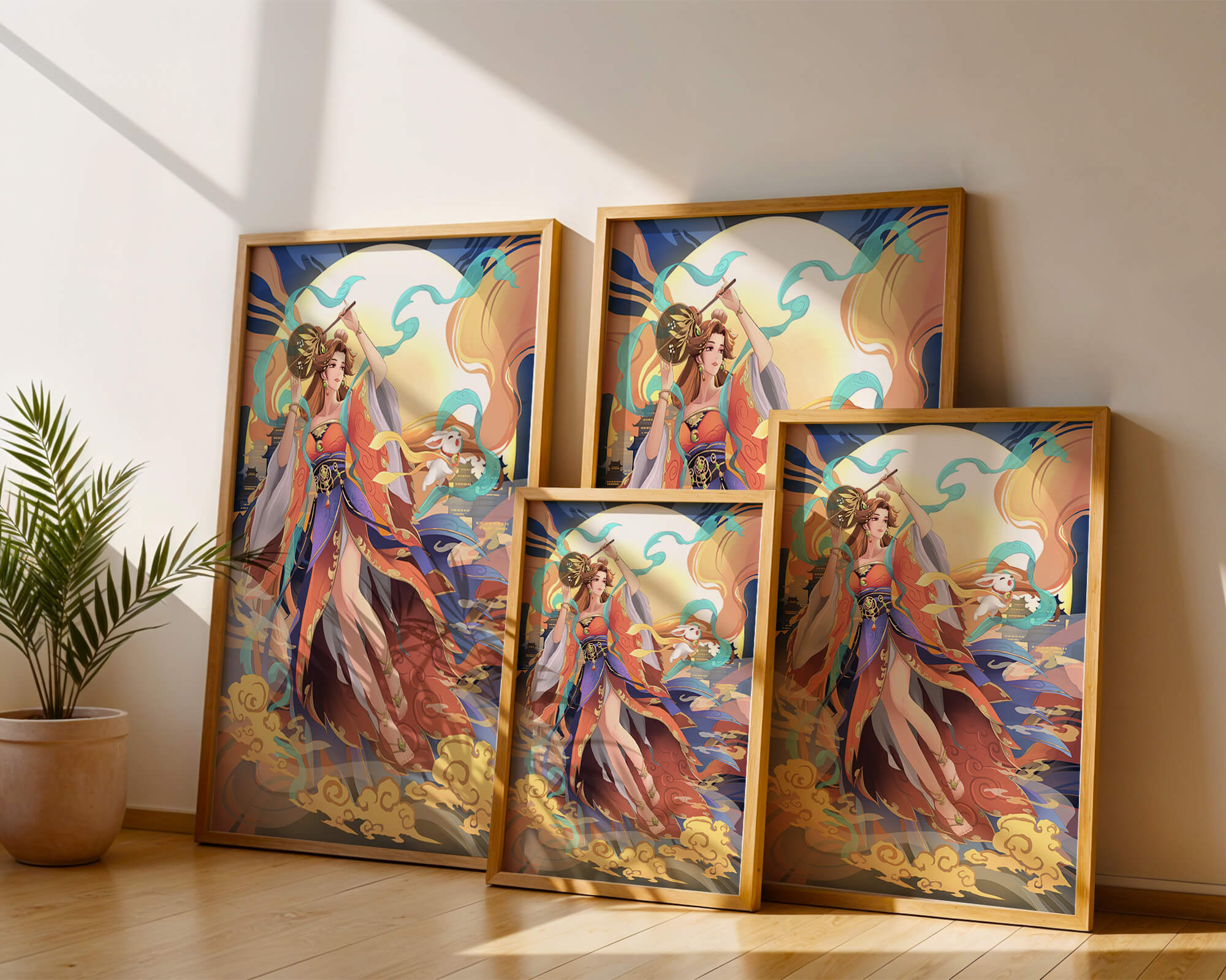 Elegant goddess with flowing robes against a mystical backdrop