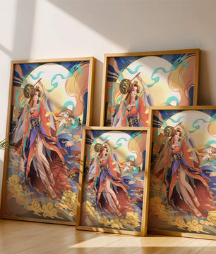 Elegant goddess with flowing robes against a mystical backdrop