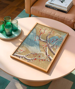 Traditional Japanese landscape with blooming cherry branches