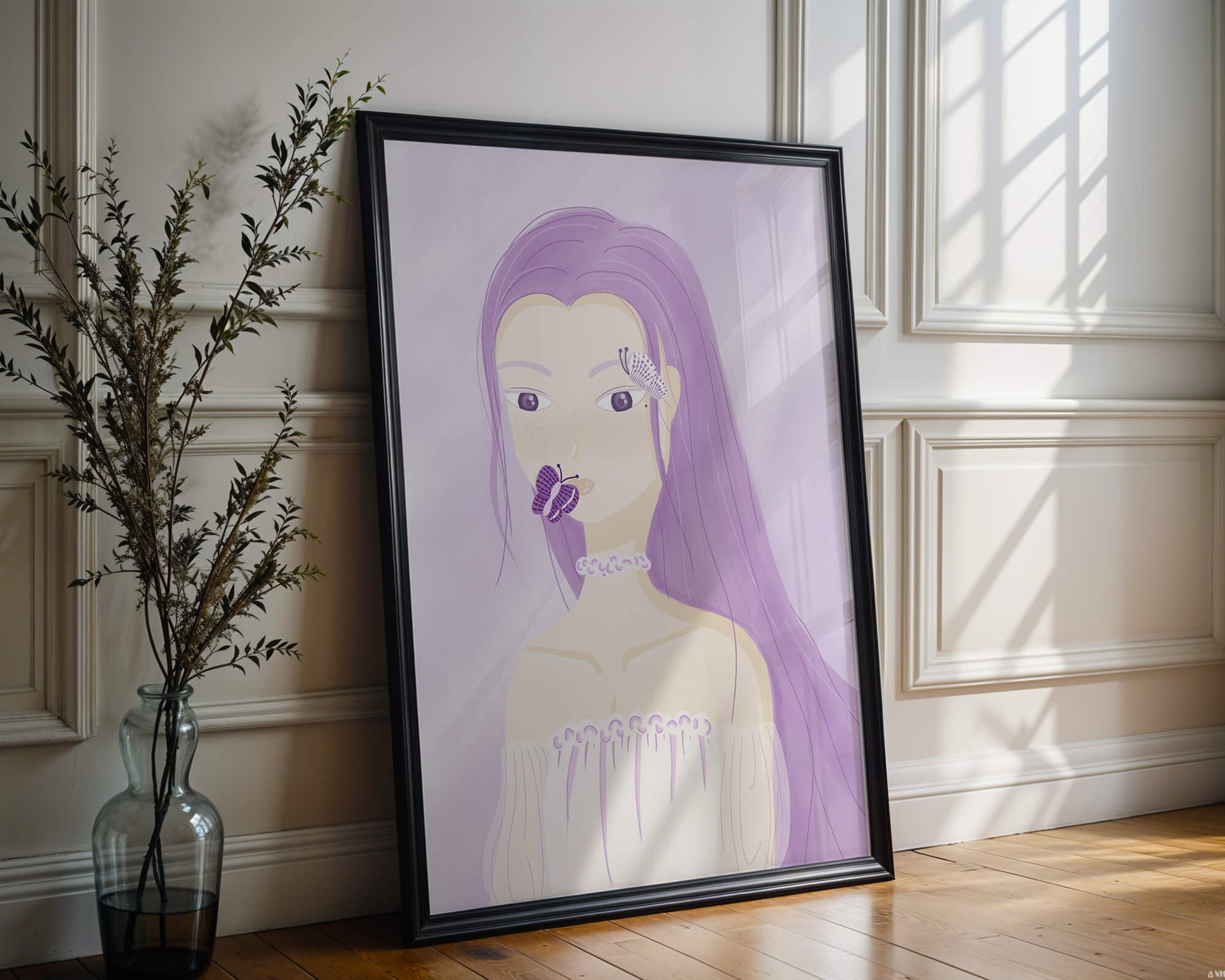 Illustration of a woman with purple hair and butterflies