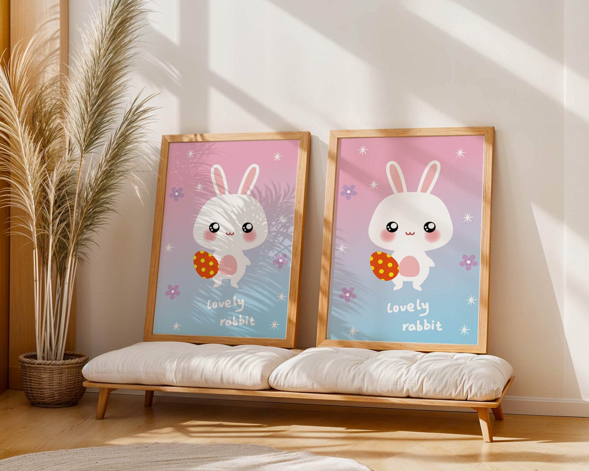 Adorable rabbit illustration with a colorful egg on a pastel background