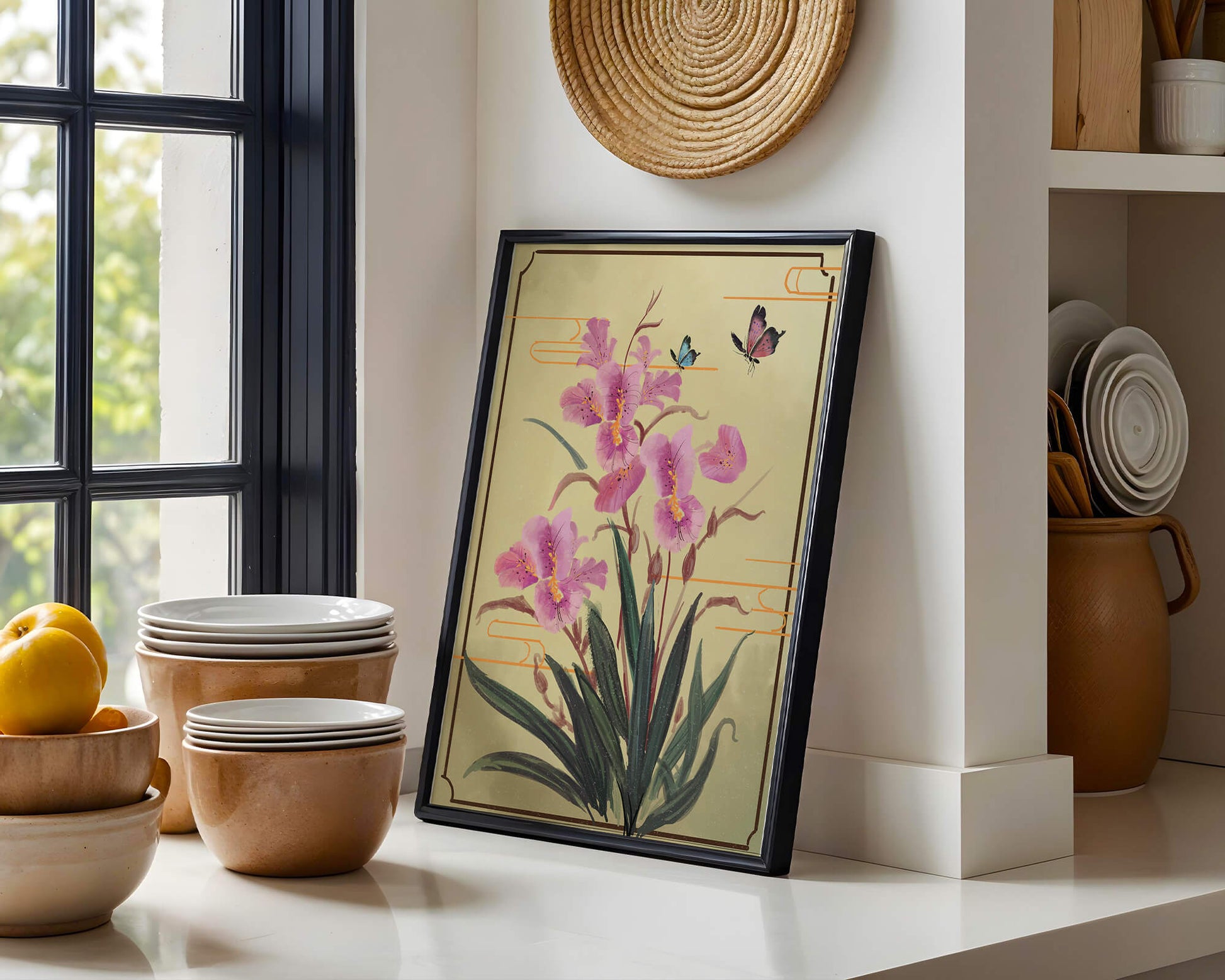 Elegant Floral Composition with Butterflies and Ornamental Background