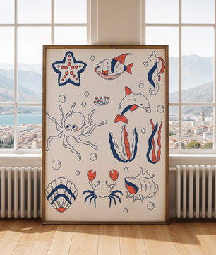Colorful marine life illustration featuring sea creatures on a dark background