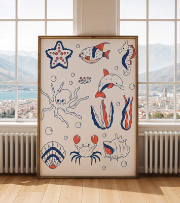 Colorful marine life illustration featuring sea creatures on a dark background