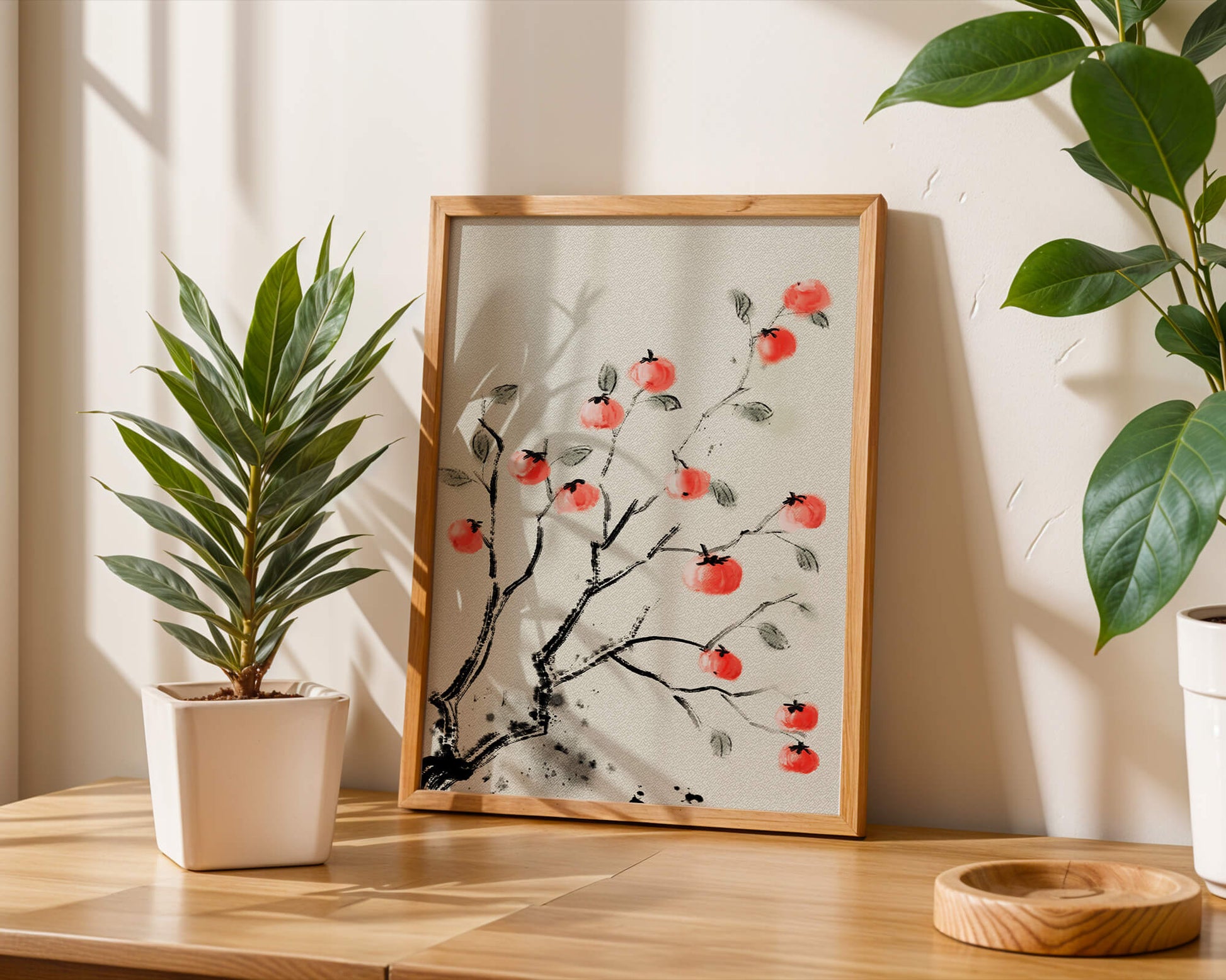 Elegant botanical illustration with vibrant red fruit on branches