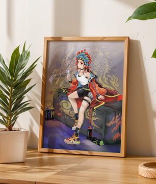 Anime art of a girl in traditional attire with urban elements