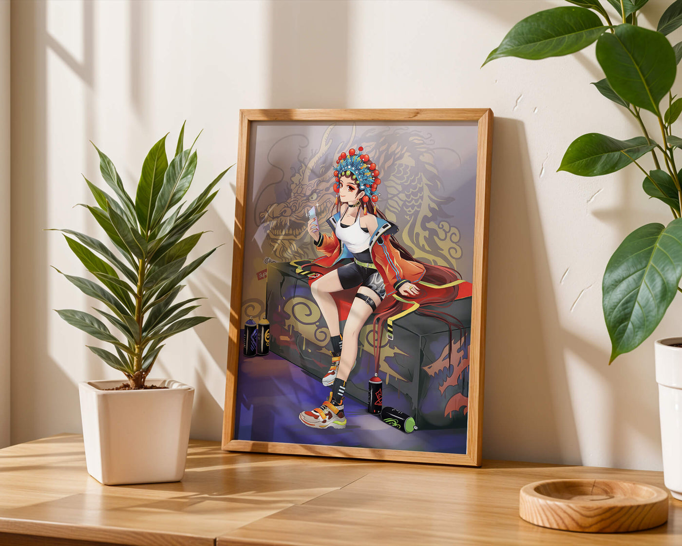 Anime art of a girl in traditional attire with urban elements