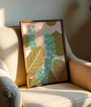 Diseño botánico abstracto con hojas verdes y doradas.
