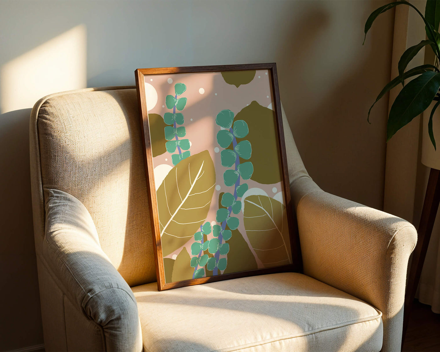 Abstract botanical design with green and golden leaves