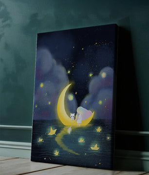 Whimsical night scene with child and cat on crescent moon
