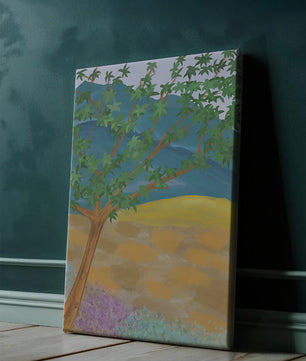 Paisaje pintoresco con árbol vibrante y fondo colorido