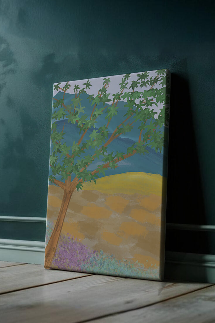Paisaje pintoresco con árbol vibrante y fondo colorido