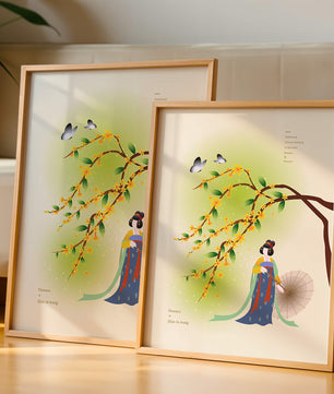 Traditional Chinese painting featuring a woman with flowers and butterflies