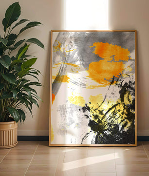 Abstract yellow and black watercolor splash with dynamic brushstrokes