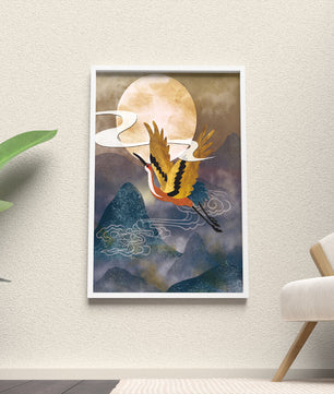 Majestic Gold-Crimson Crane Flying Over Misty Mountains in Moonlight