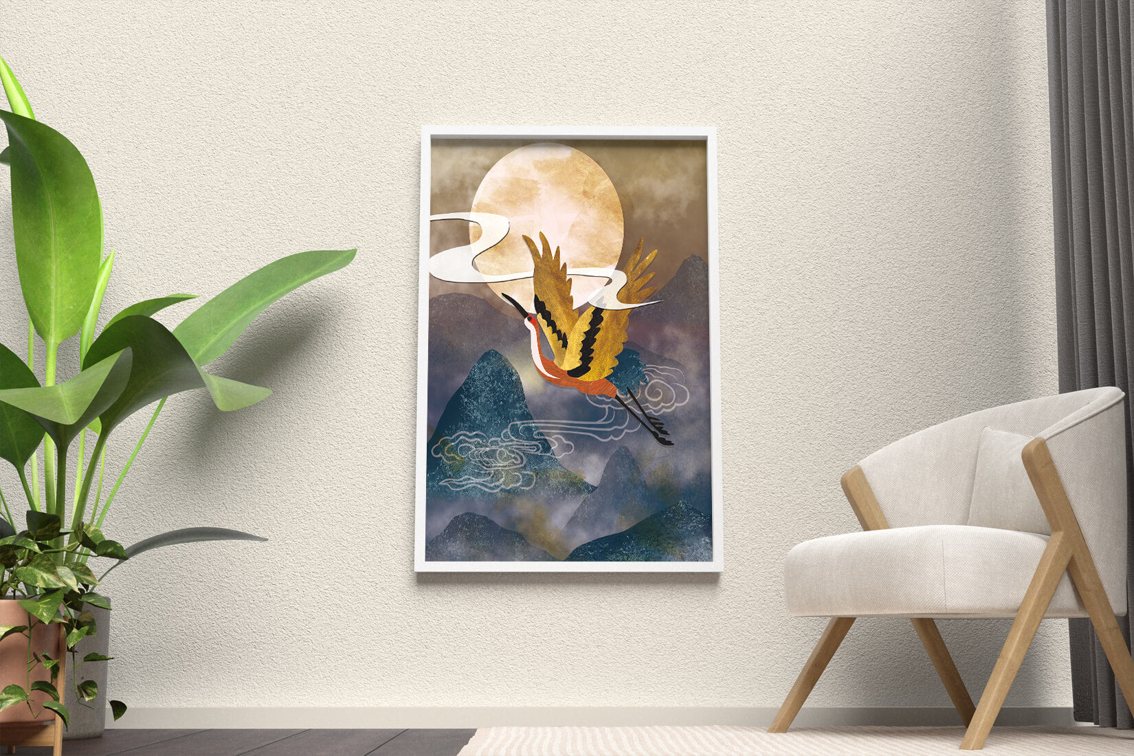 Majestic Gold-Crimson Crane Flying Over Misty Mountains in Moonlight