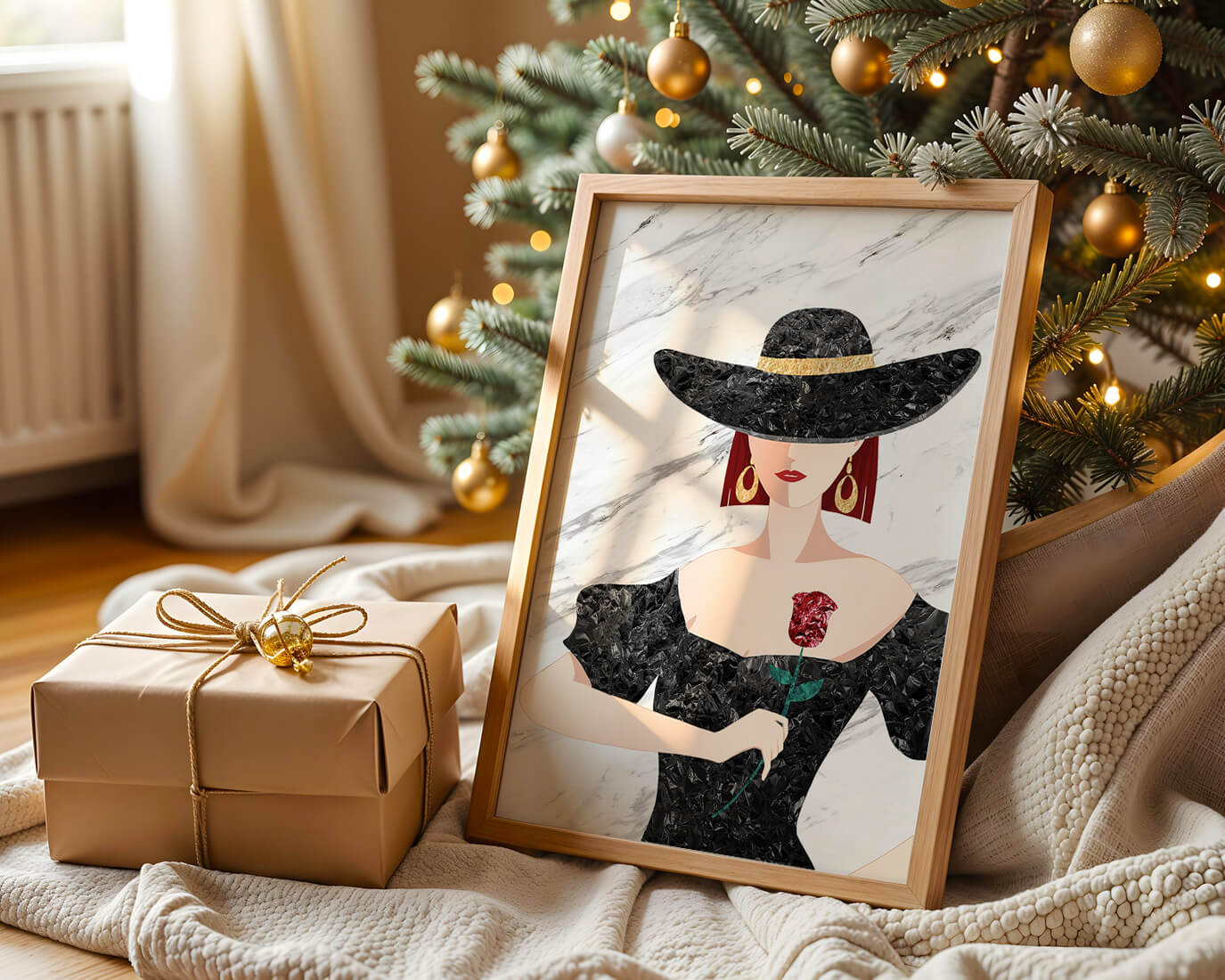 Elegant woman in wide-brimmed hat holding a rose on marble background