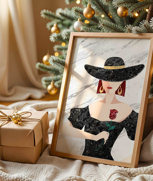 Elegant woman in wide-brimmed hat holding a rose on marble background