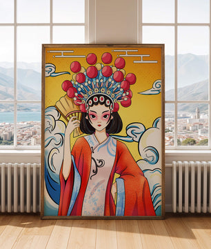 Eine elegante Darstellung asiatischer Kunst mit traditioneller Kleidung und kunstvollem Kopfschmuck